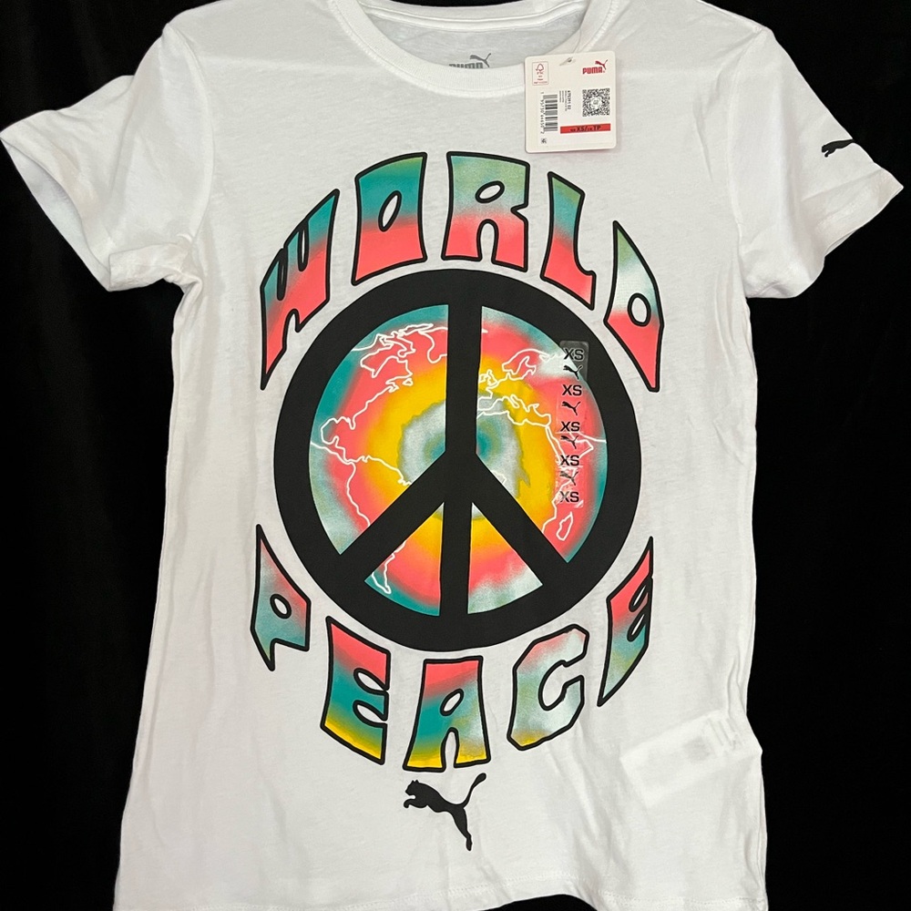 Puma White Short Sleeve Tee with Retro Peace Design
